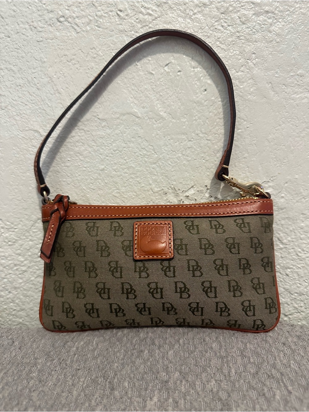 Dooney & Bourke Olive Logo Canvas Wristlet with Brown Leather Trim